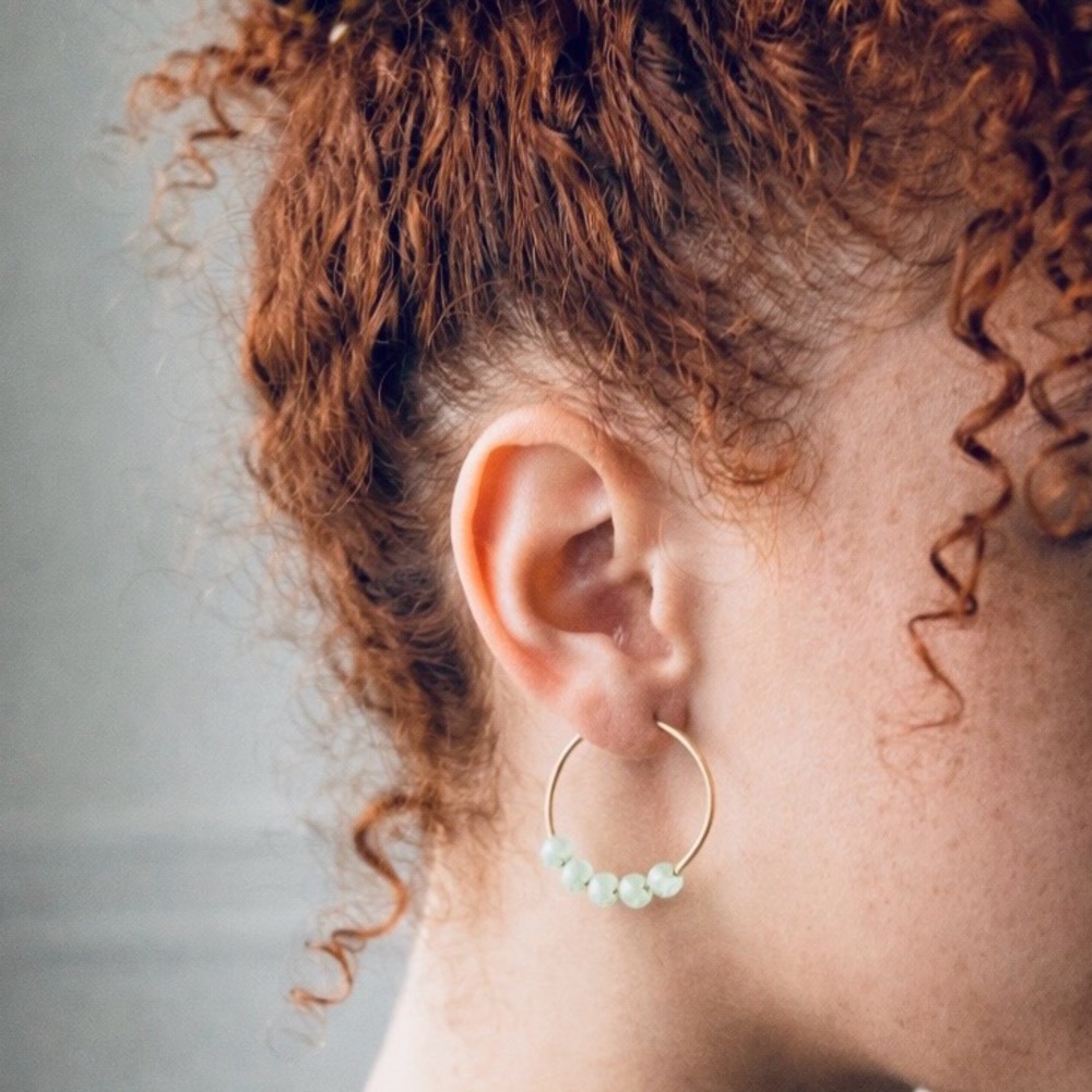 Gold Tone Hoop Earrings with Pale Green Beads - Women's Jewelry